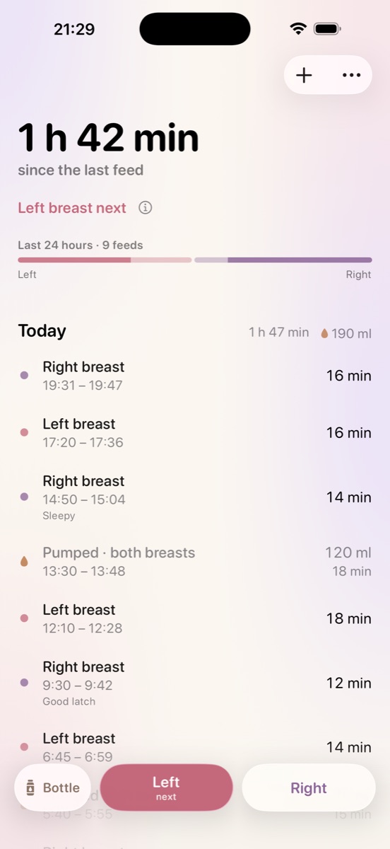 The main screen: the time since the last feed, the breast that's next, and today's feeds