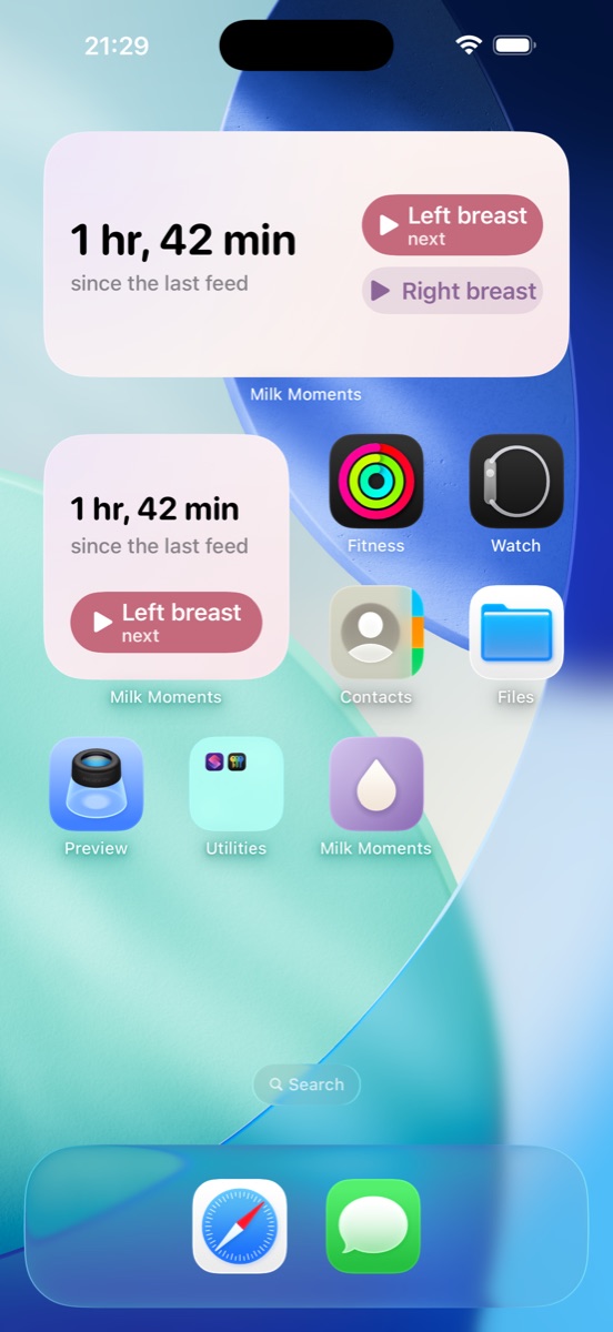 Home Screen widgets showing the time since the last feed