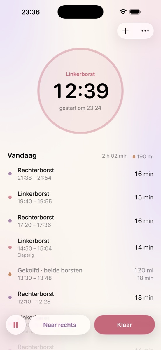 Een lopende voeding aan de linkerborst, met Pauzeren, Naar rechts en Klaar